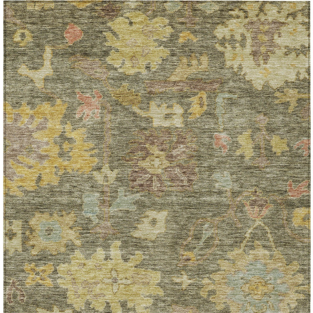 9' X 12' Artichoke Green Coral And Brown Floral Washable Indoor Outdoor Area Rug-5