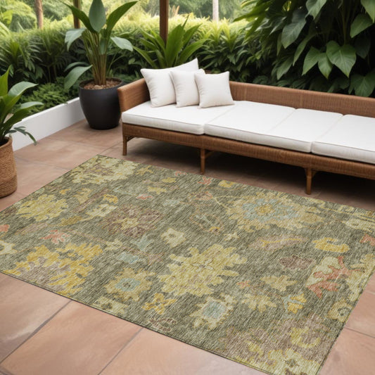 9' X 12' Artichoke Green Coral And Brown Floral Washable Indoor Outdoor Area Rug-0