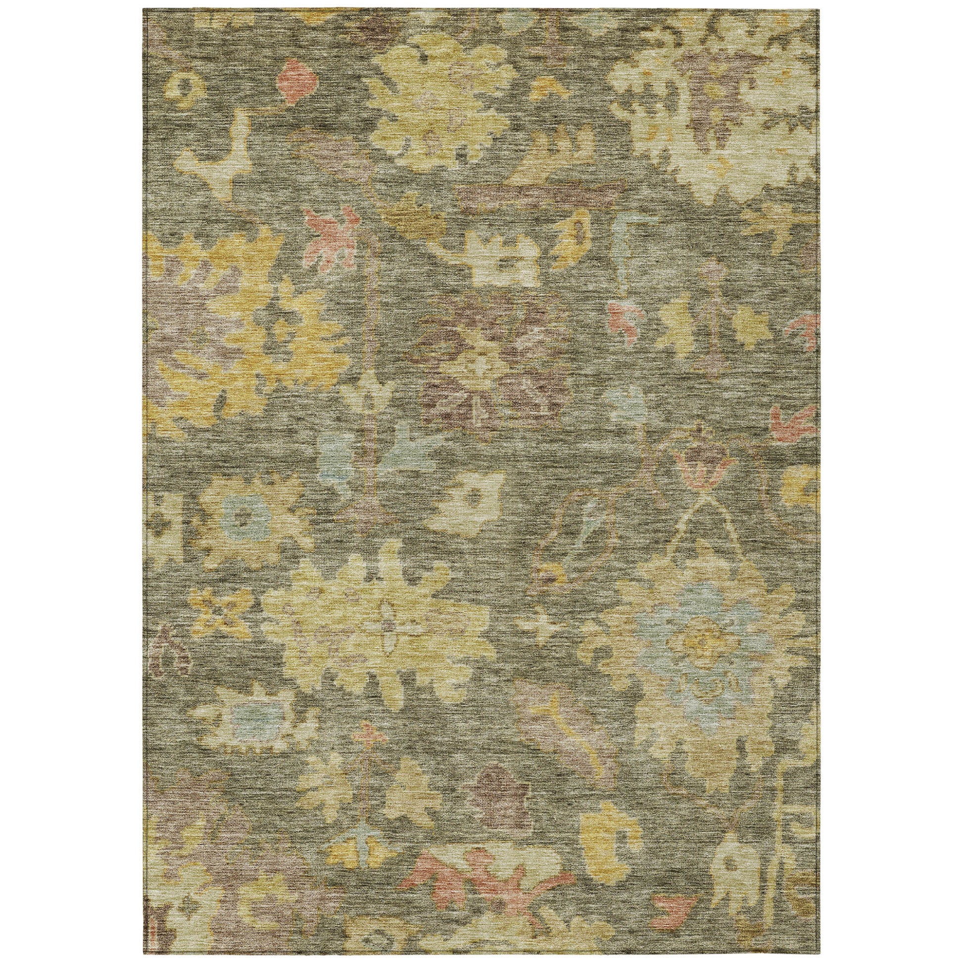 9' X 12' Artichoke Green Coral And Brown Floral Washable Indoor Outdoor Area Rug-1