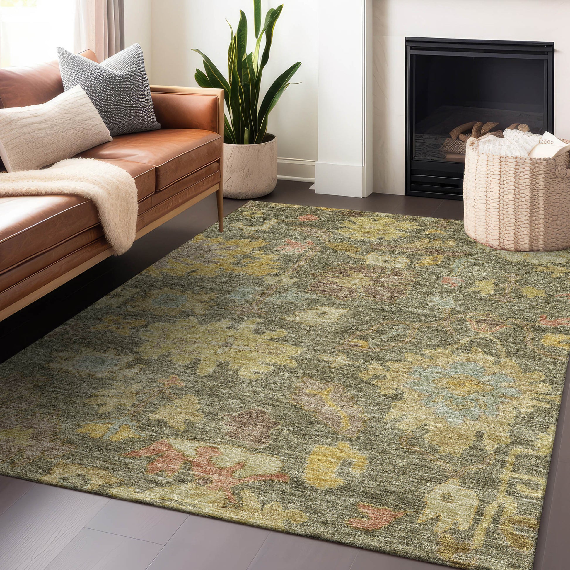 9' X 12' Artichoke Green Coral And Brown Floral Washable Indoor Outdoor Area Rug-7