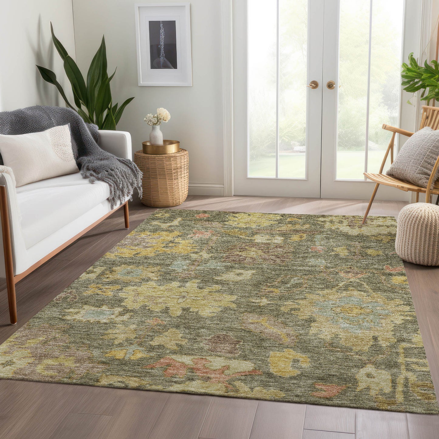 9' X 12' Artichoke Green Coral And Brown Floral Washable Indoor Outdoor Area Rug-8
