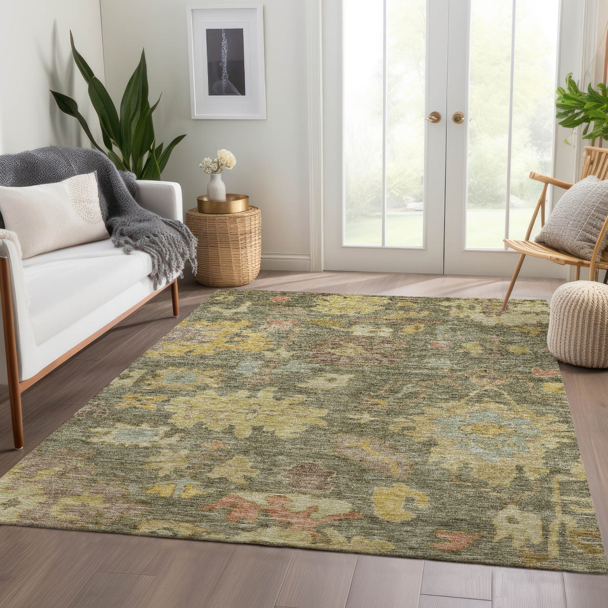 9' X 12' Artichoke Green Coral And Brown Floral Washable Indoor Outdoor Area Rug-8