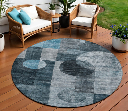 8' Teal Blue Gray And Charcoal Round Geometric Washable Indoor Outdoor Area Rug-0