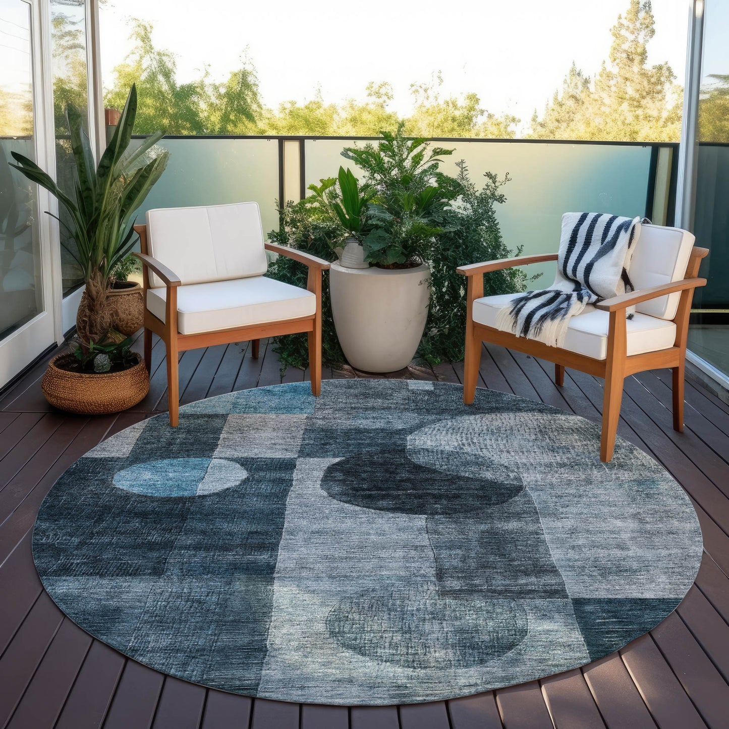 8' Teal Blue Gray And Charcoal Round Geometric Washable Indoor Outdoor Area Rug-6