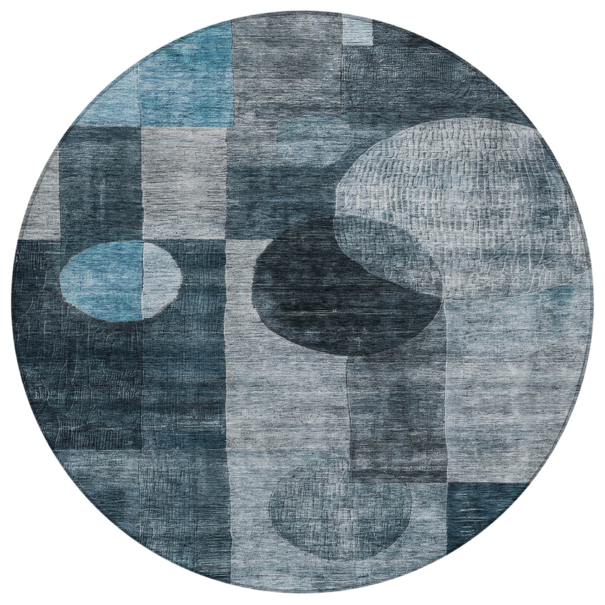 8' Teal Blue Gray And Charcoal Round Geometric Washable Indoor Outdoor Area Rug-1