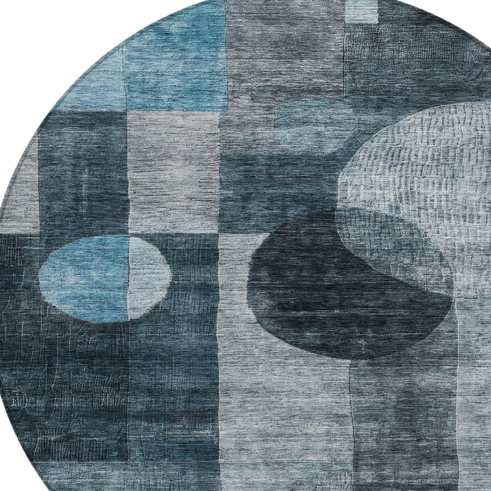8' Teal Blue Gray And Charcoal Round Geometric Washable Indoor Outdoor Area Rug-4