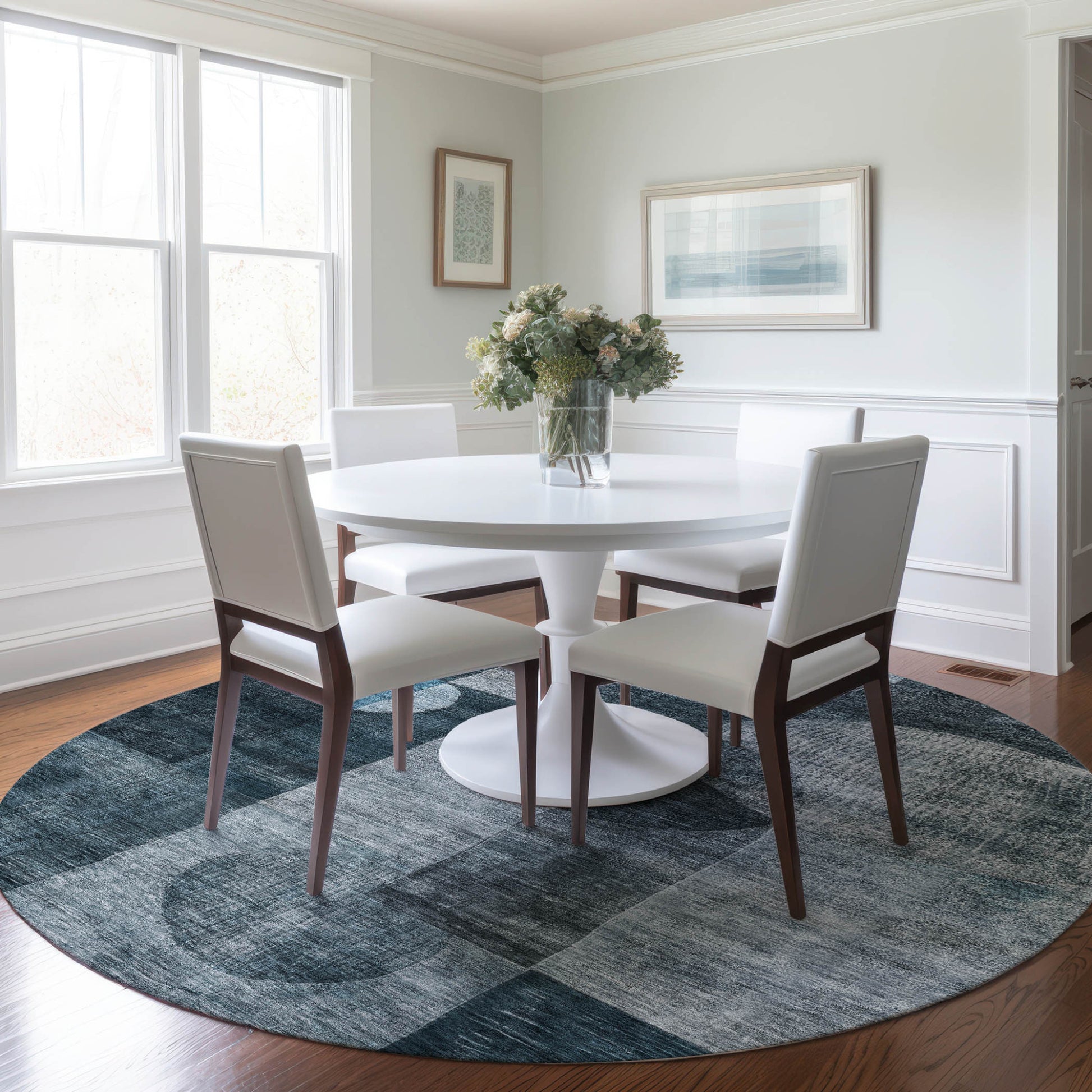 8' Teal Blue Gray And Charcoal Round Geometric Washable Indoor Outdoor Area Rug-7