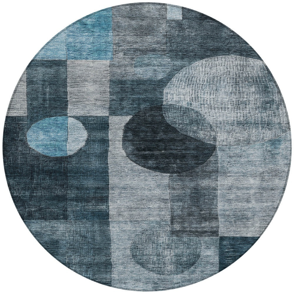 8' Teal Blue Gray And Charcoal Round Geometric Washable Indoor Outdoor Area Rug-5