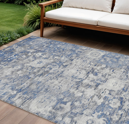8' X 10' Blue And Denim Blue Floral Washable Indoor Outdoor Area Rug-0