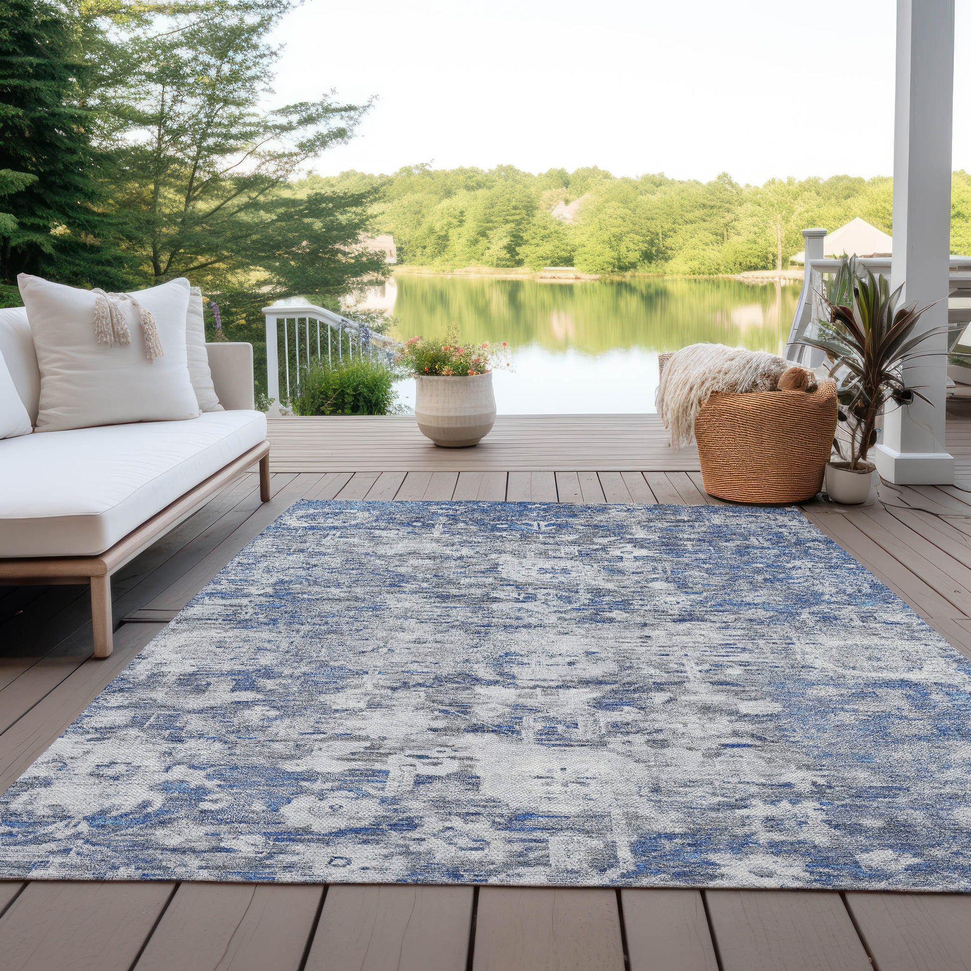 8' X 10' Blue And Denim Blue Floral Washable Indoor Outdoor Area Rug-6
