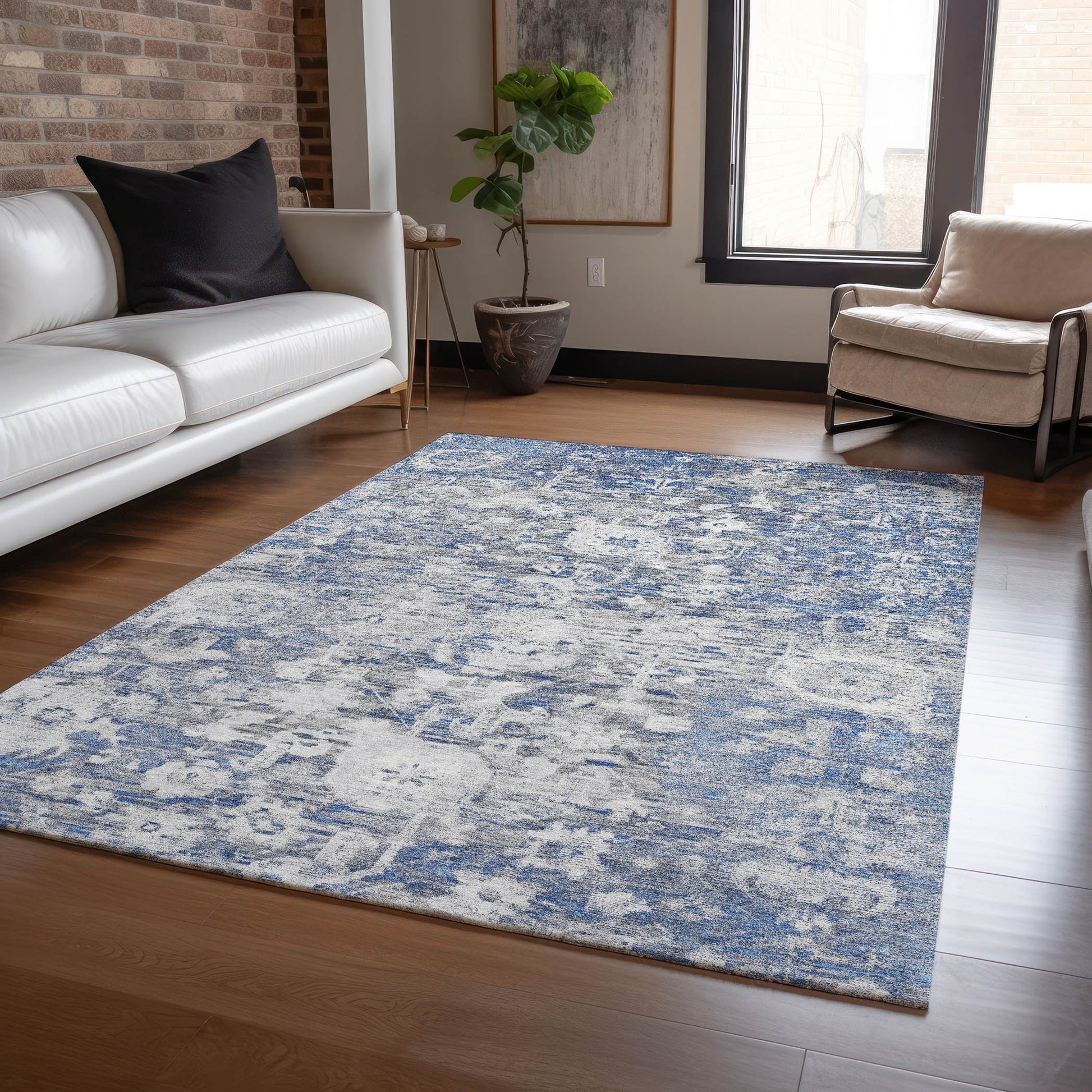 8' X 10' Blue And Denim Blue Floral Washable Indoor Outdoor Area Rug-7