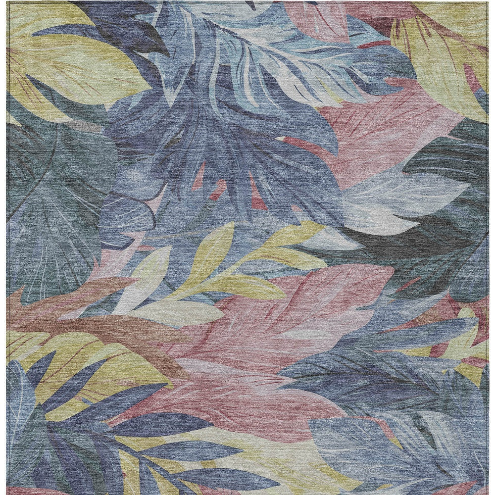 10' X 14' Denim Blue And Blush Floral Washable Indoor Outdoor Area Rug-7