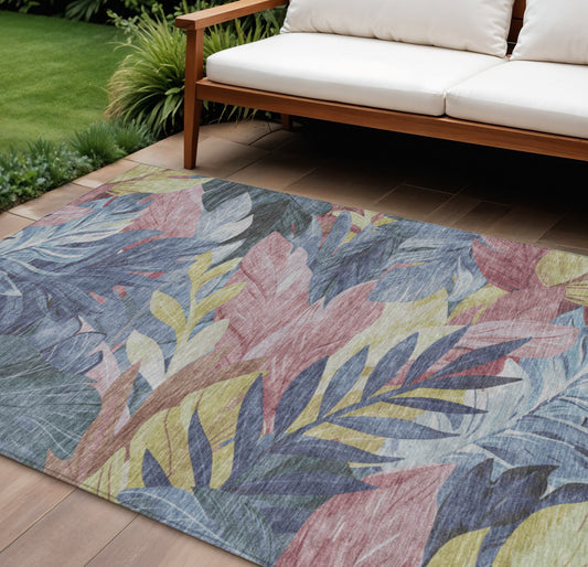 10' X 14' Denim Blue And Blush Floral Washable Indoor Outdoor Area Rug-0