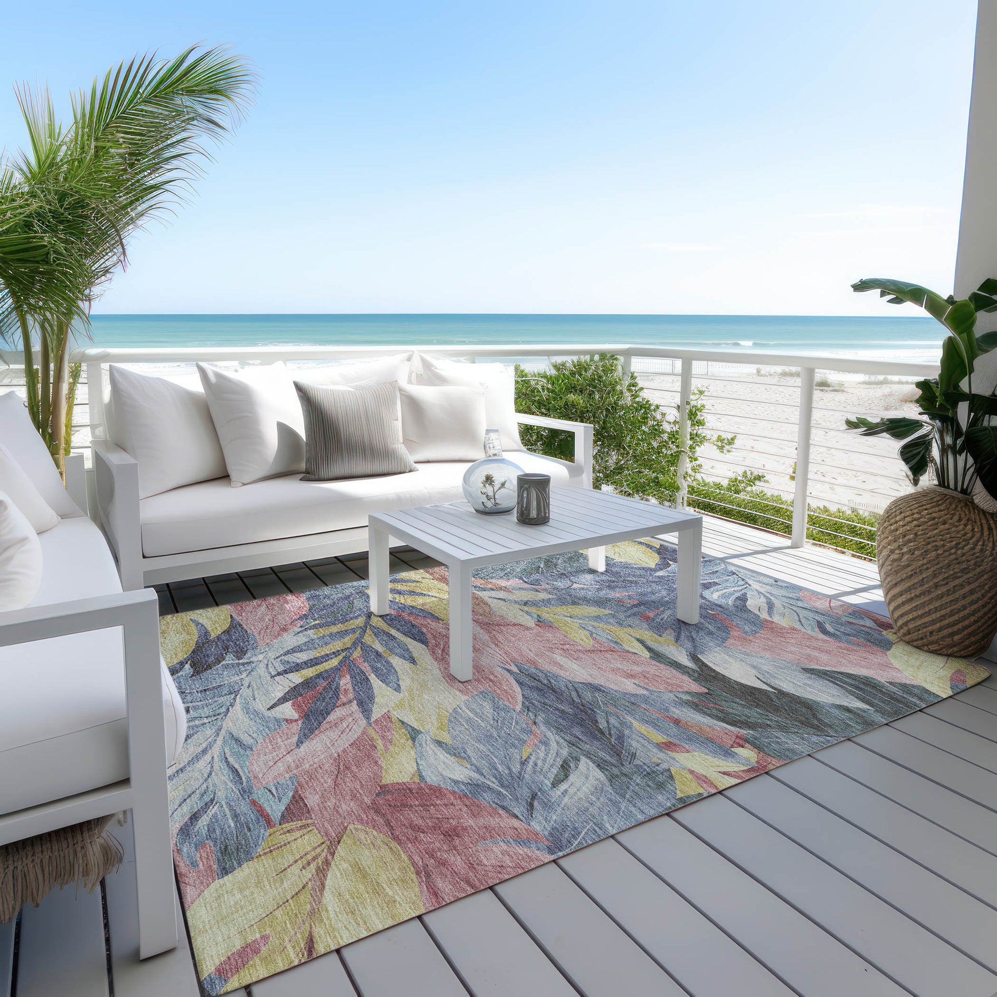 10' X 14' Denim Blue And Blush Floral Washable Indoor Outdoor Area Rug-8