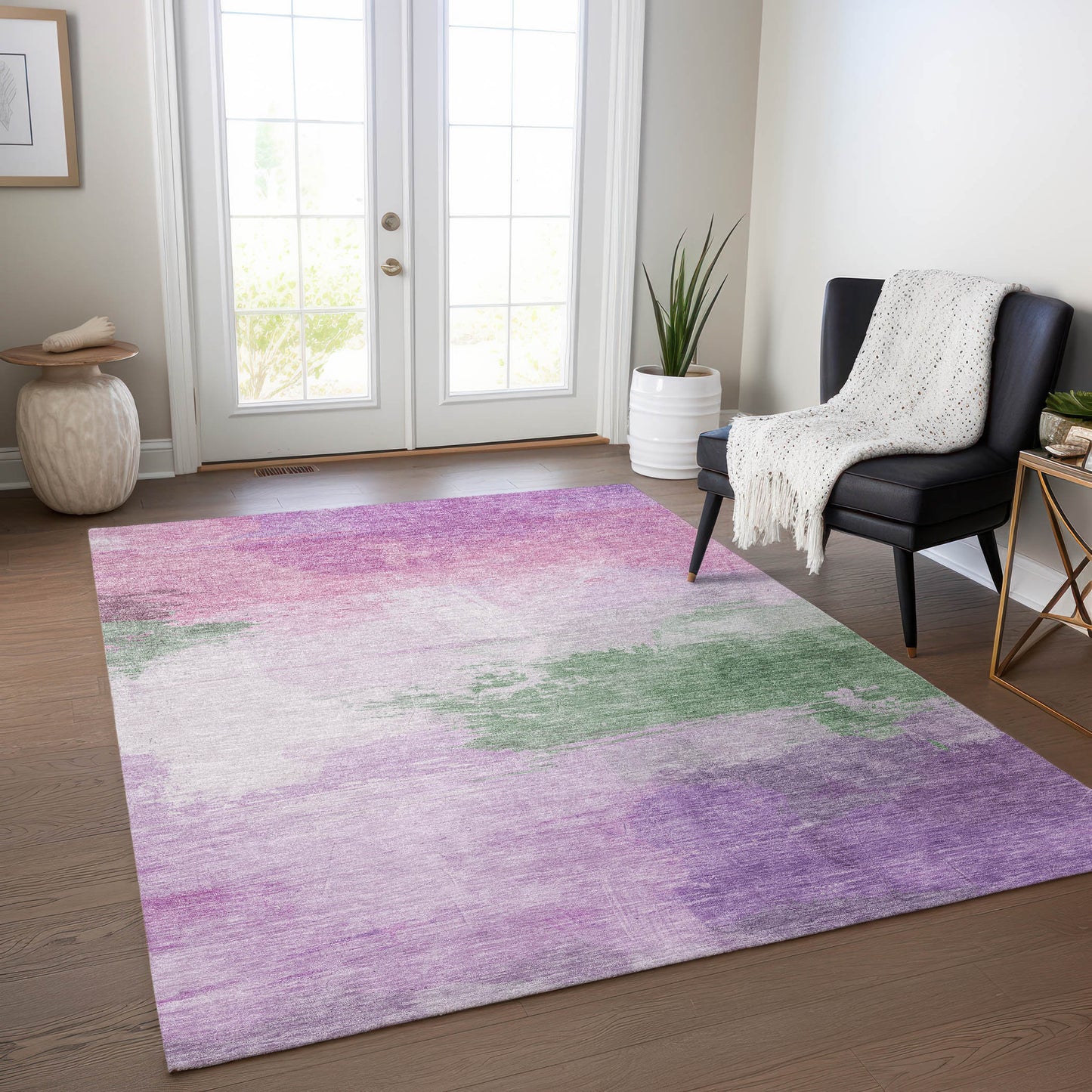 8' X 10' Lilac Lavender And Green Abstract Washable Indoor Outdoor Area Rug-8