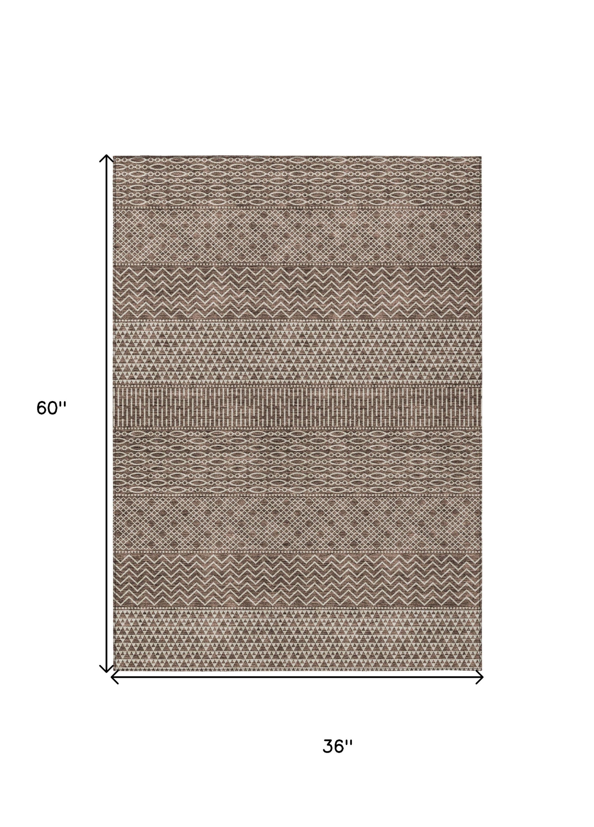 3' X 5' Brown And Ivory Chevron Washable Indoor Outdoor Area Rug-2