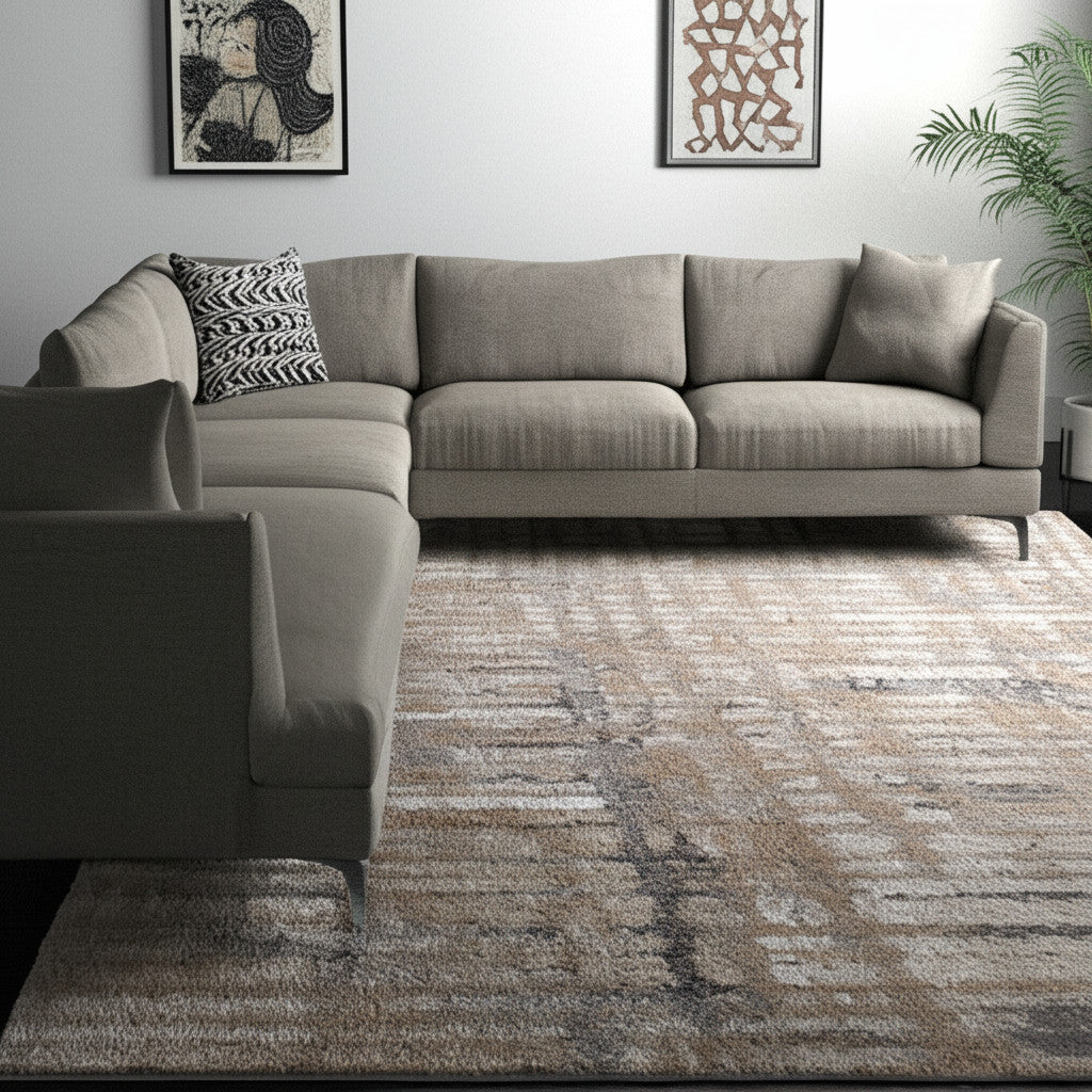 10' X 13' Brown Tan And Ivory Abstract Distressed Area Rug-0