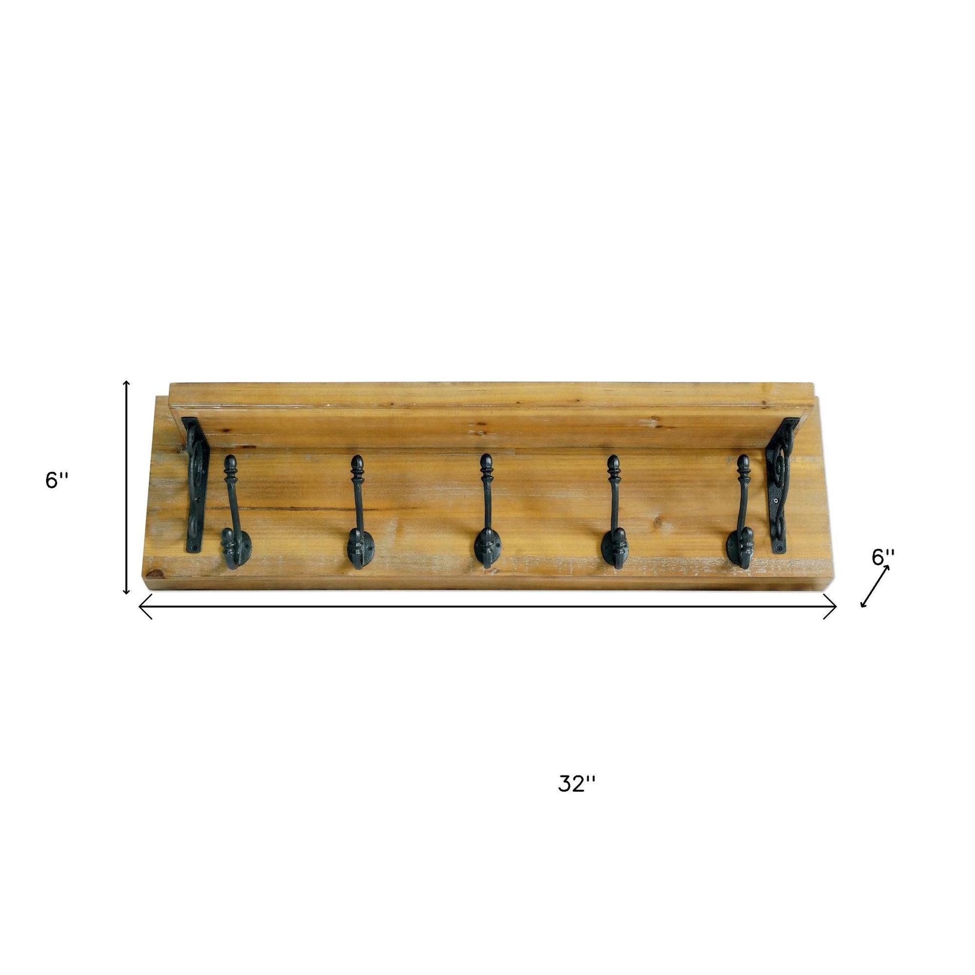 6" Black And Brown Metal And Solid Wood Five Hook Wall Mount Coat Rack-5