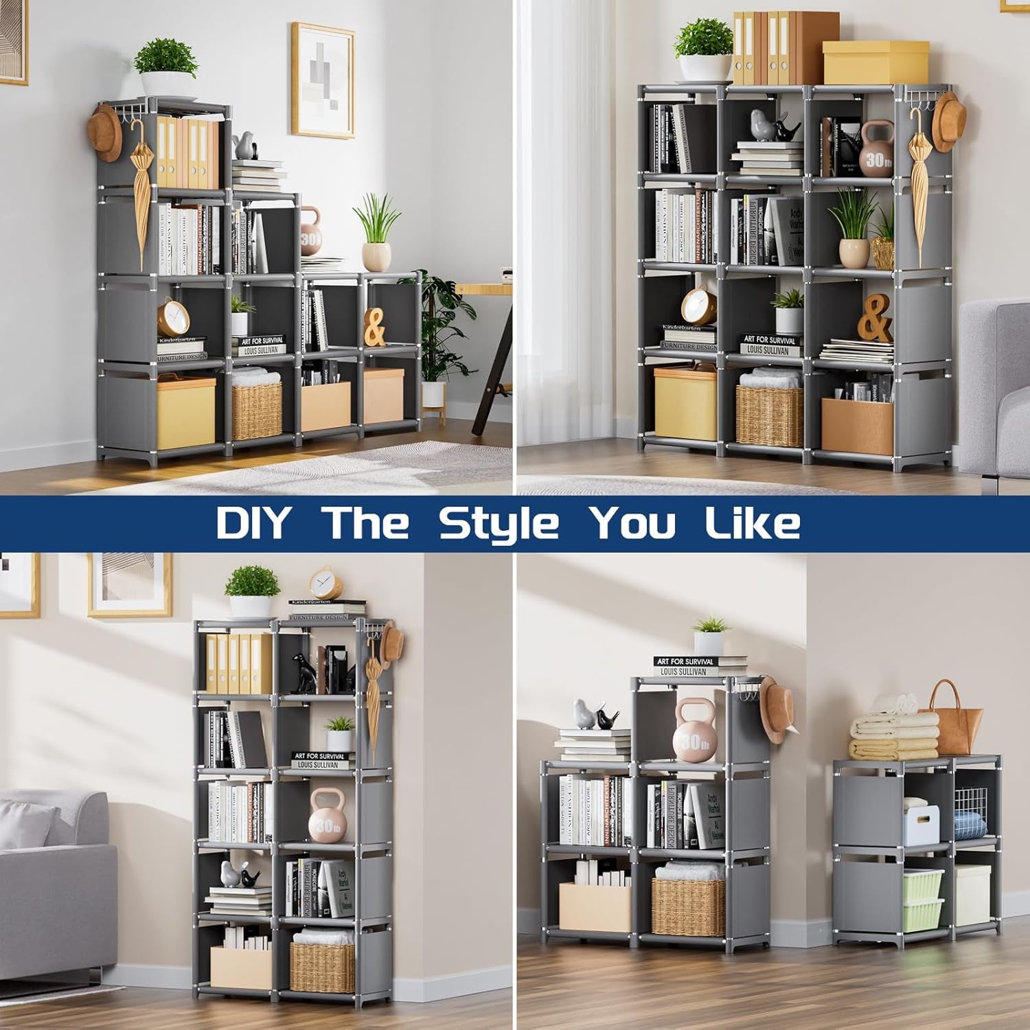 Book Shelf, 12 Cube Storage Organizer, DIY Bookcase, Metal Cube Bookshelf,Tall Book Case for Bedroom, Living Room,Office,Closet Storage Organizer, Grey Cubicle Storage Rack-3