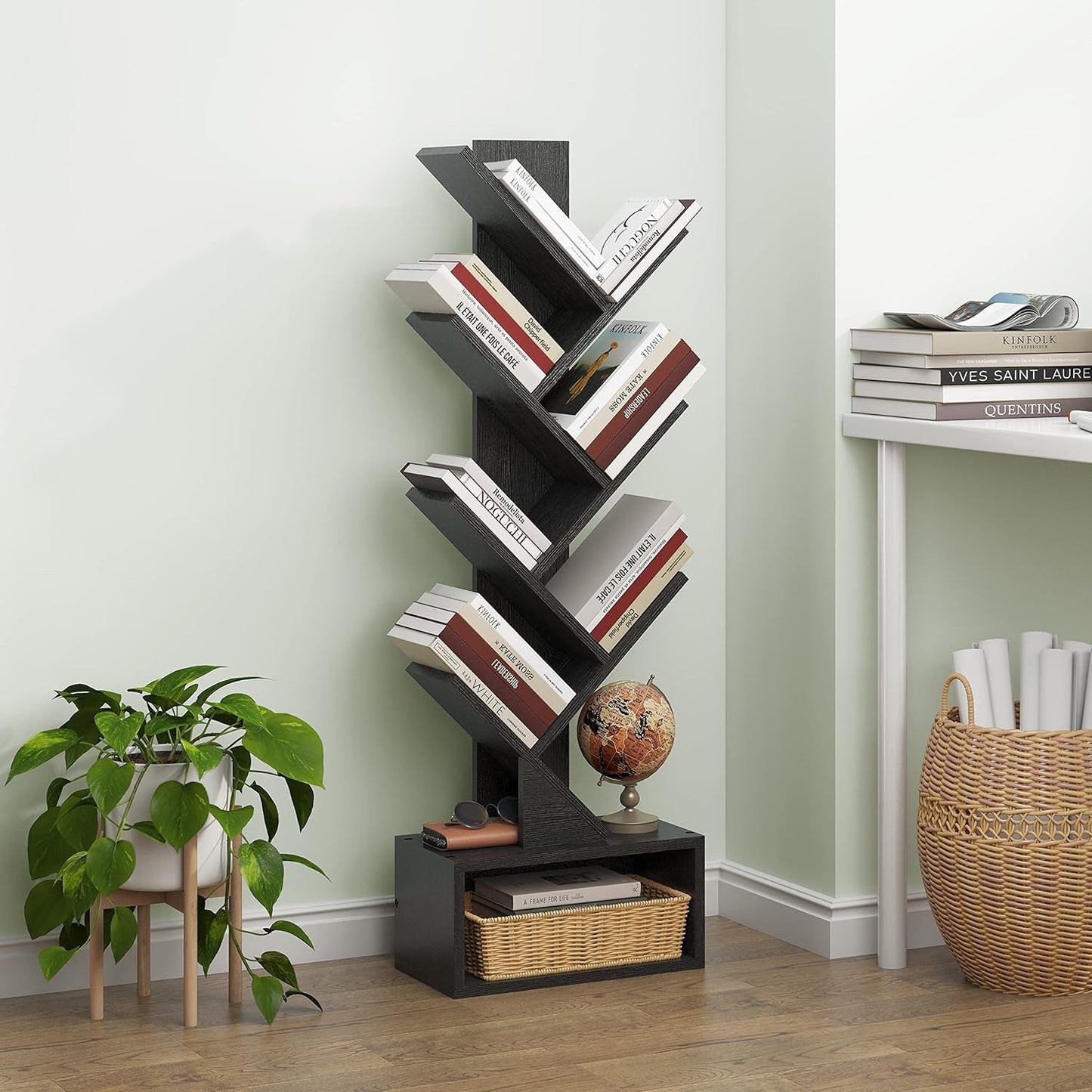 6 Tier Tree Bookshelf, Tall Bookcase with Drawer, Freestanding Book Shelf, Display Floor Standing Storage Shelf, Book Organizer Shelves for Home Office, Living Room, Bedroom, Black-1