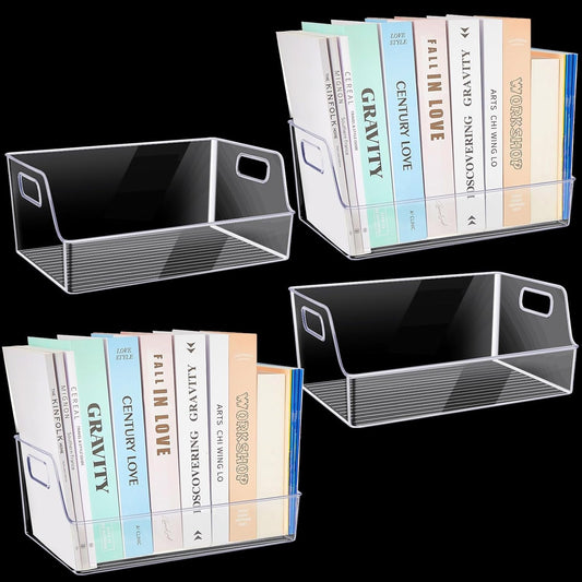 4 Pcs Clear Large Storage Book Display Case 13 X 8.5 X 5.9 Inch Book Organizer Stackable Bookcase Display Storage Containers with Handle Office Bookshelf Organizer Rack for Cds Magazine Books-0