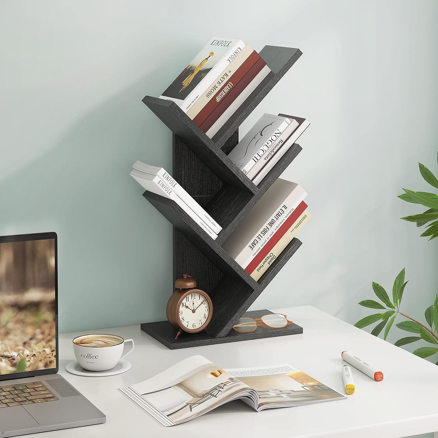 4 Tier Tree Bookshelf, 4 Shelf Bookcase, Free Standing Tree Bookcase, Display Floor Standing Shelf for Books, Book Organizer Shelves for Home Office, Living Room, Bedroom, Black-3