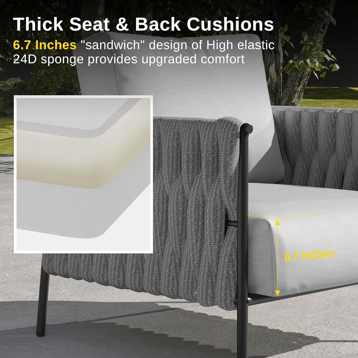 3 Pieces Patio Furniture Set, Armchairs with Coffee Table, Outdoor Furniture Set with Cushion, Modern Outdoor Furniture Deep Seating for Outdoor Garden Porch, Earth Black & Misty Grey-4