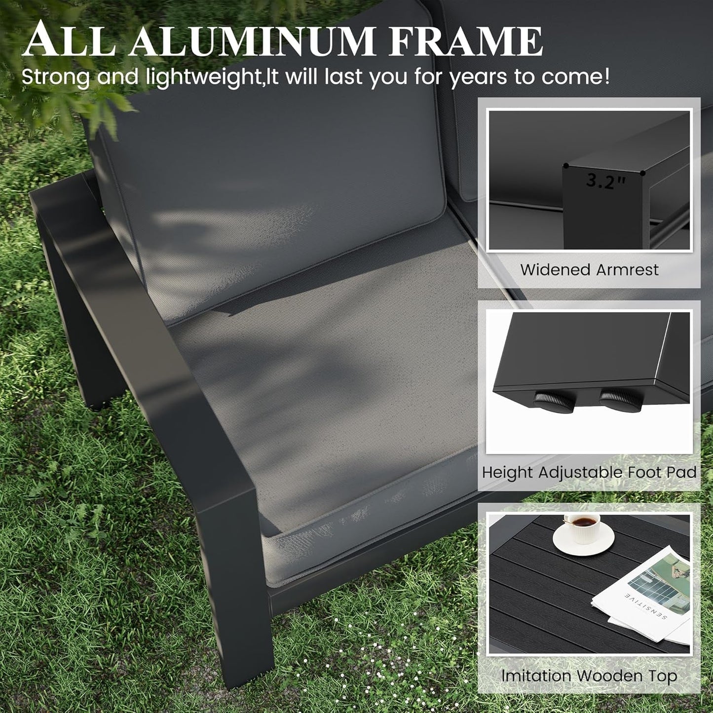 Aluminum Patio Furniture Set, 7 Piece Metal Outdoor Furniture Set, Patio Furniture Set with Waterproof Covers for Backyard Garden（Grey）-3