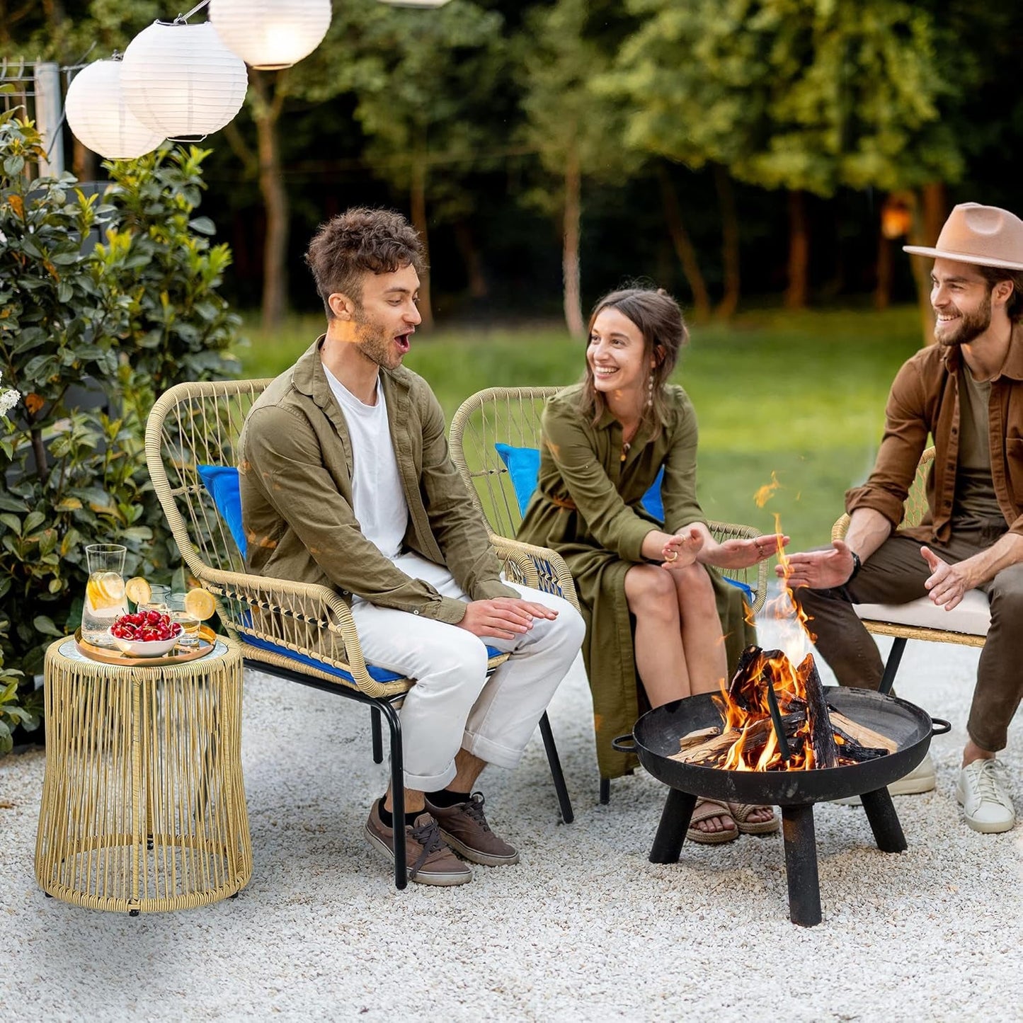 3-Piece Outdoor Patio Furniture Wicker Bistro Set, All-Weather Rattan Conversation Chairs for Backyard, Balcony and Deck with Soft Cushions, Glass Side Table (Light Brown+Navy Blue)-2