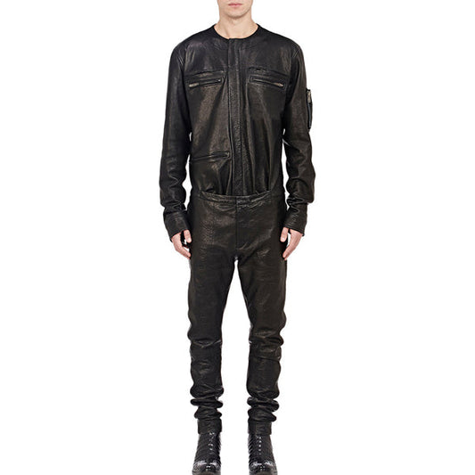 Cool Style Shirt Look Leather Jumpsuit For Men-0