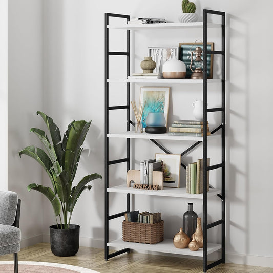 5 Tiers Bookshelf, Classically Tall Bookcase Shelf,Industrial Book Rack,Modern Book Holder in Bedroom/Living Room/Office, Storage Rack Shelves for Books/Movies,11.8" Dx23.6 Wx62.2 H,White-0