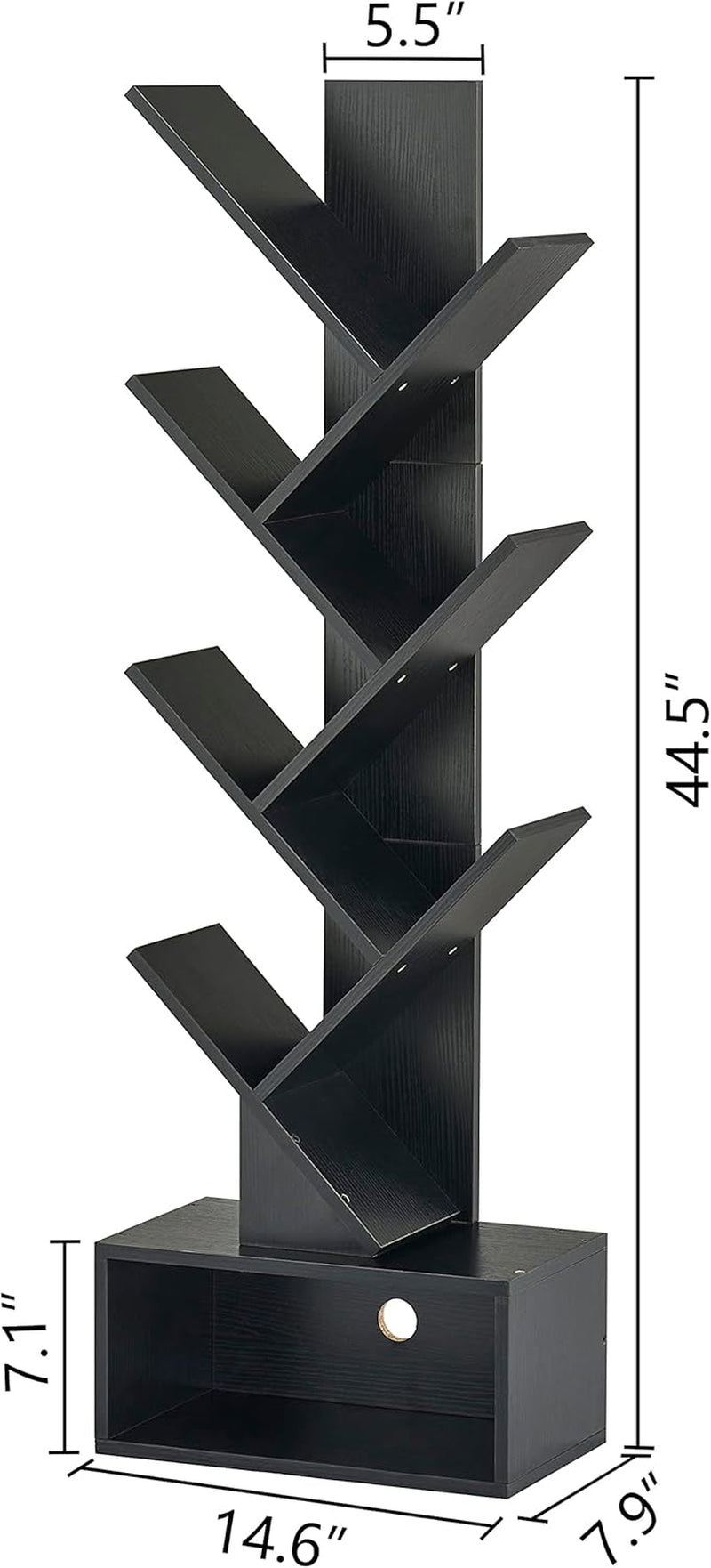 6 Tier Tree Bookshelf, Tall Bookcase with Drawer, Freestanding Book Shelf, Display Floor Standing Storage Shelf, Book Organizer Shelves for Home Office, Living Room, Bedroom, Black-2