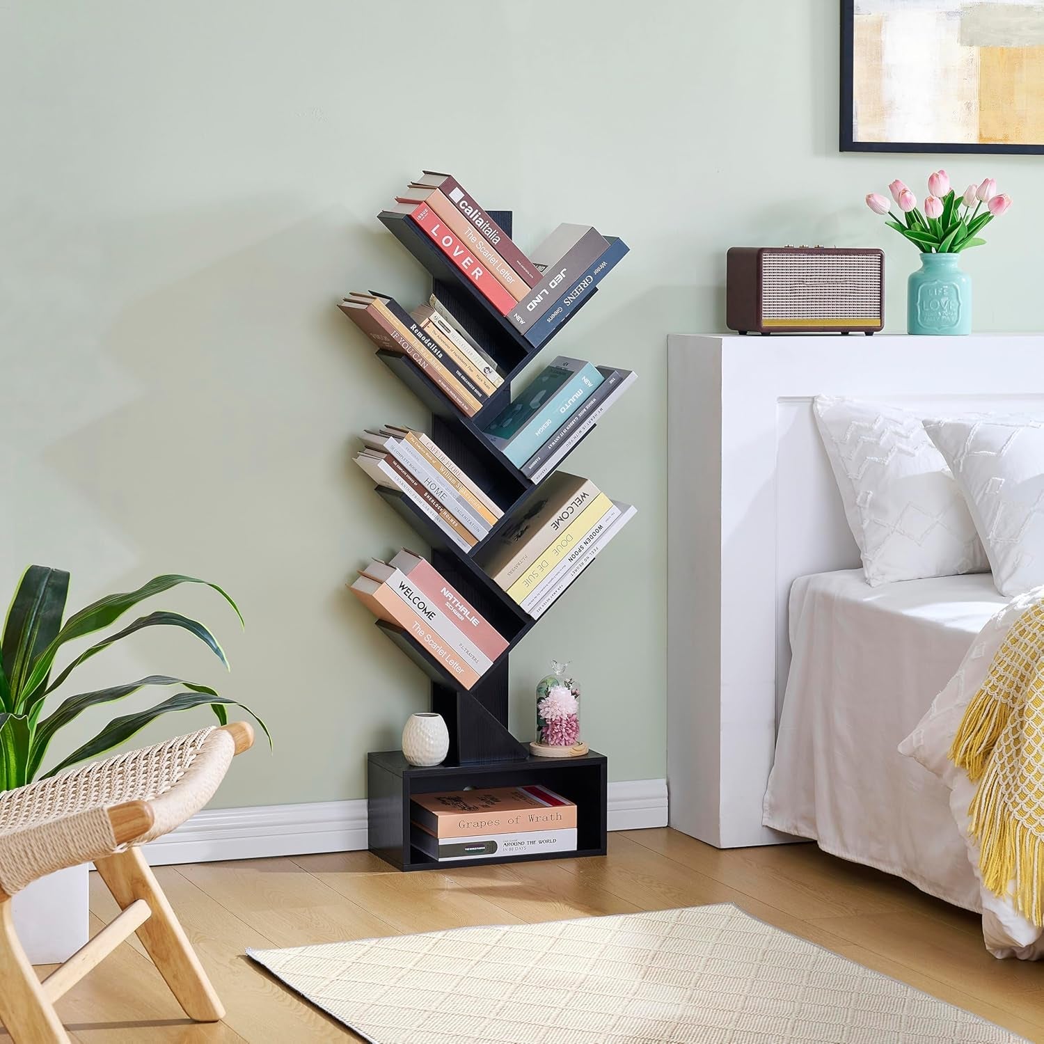 6 Tier Tree Bookshelf, Tall Bookcase with Drawer, Freestanding Book Shelf, Display Floor Standing Storage Shelf, Book Organizer Shelves for Home Office, Living Room, Bedroom, Black-4