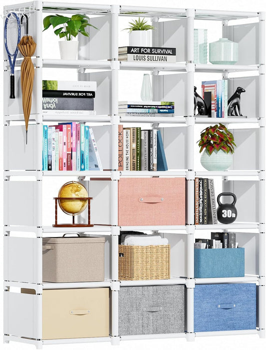 Book Shelf, 18 Cube Storage Organizer, DIY Bookcase, Metal Cube Bookshelf, Tall Book Case for Bedroom, Living Room, Office, Closet Storage Organizer, Black Cubicle Storage Rack-White-0