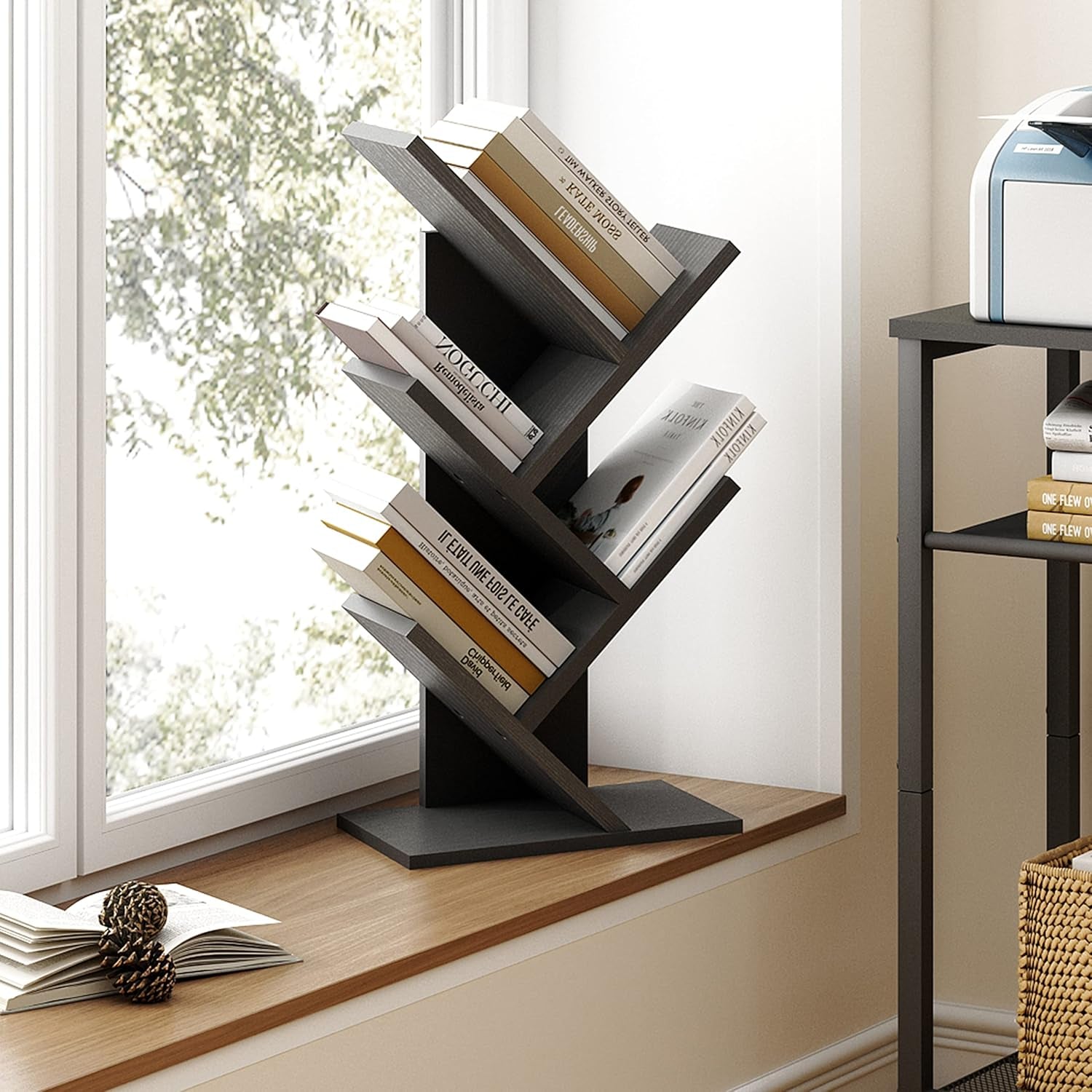 4 Tier Tree Bookshelf, 4 Shelf Bookcase, Free Standing Tree Bookcase, Display Floor Standing Shelf for Books, Book Organizer Shelves for Home Office, Living Room, Bedroom, Black-4