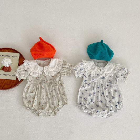Baby Girl Flower Pattern Doll Neck Triangle Summer Onesies-0