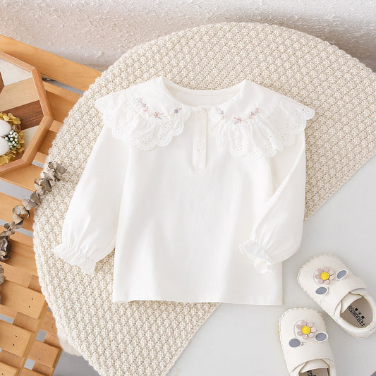 Autumn New Arrival Girls Peter Pan Collar Short Sleeves Solid Color Floral Pattern Embroidery Top Shirt-0