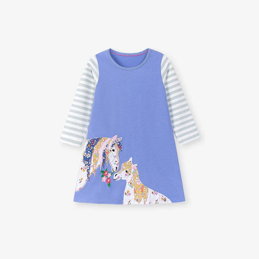 Autumn and Spring Arrival Color Patchwork Horse Cartoon Pattern Long Sleeves Dress for Stylish Girls-0